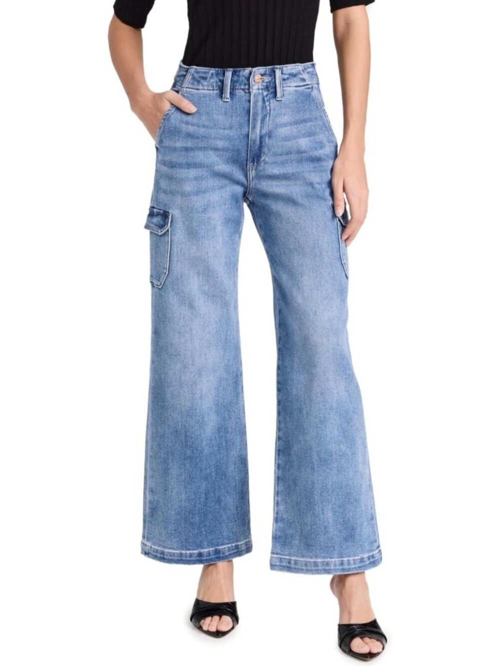 Paige Carly Cargo Pants High-Rise Wide-Leg Ankle Jeans Light-Wash 28 Utility